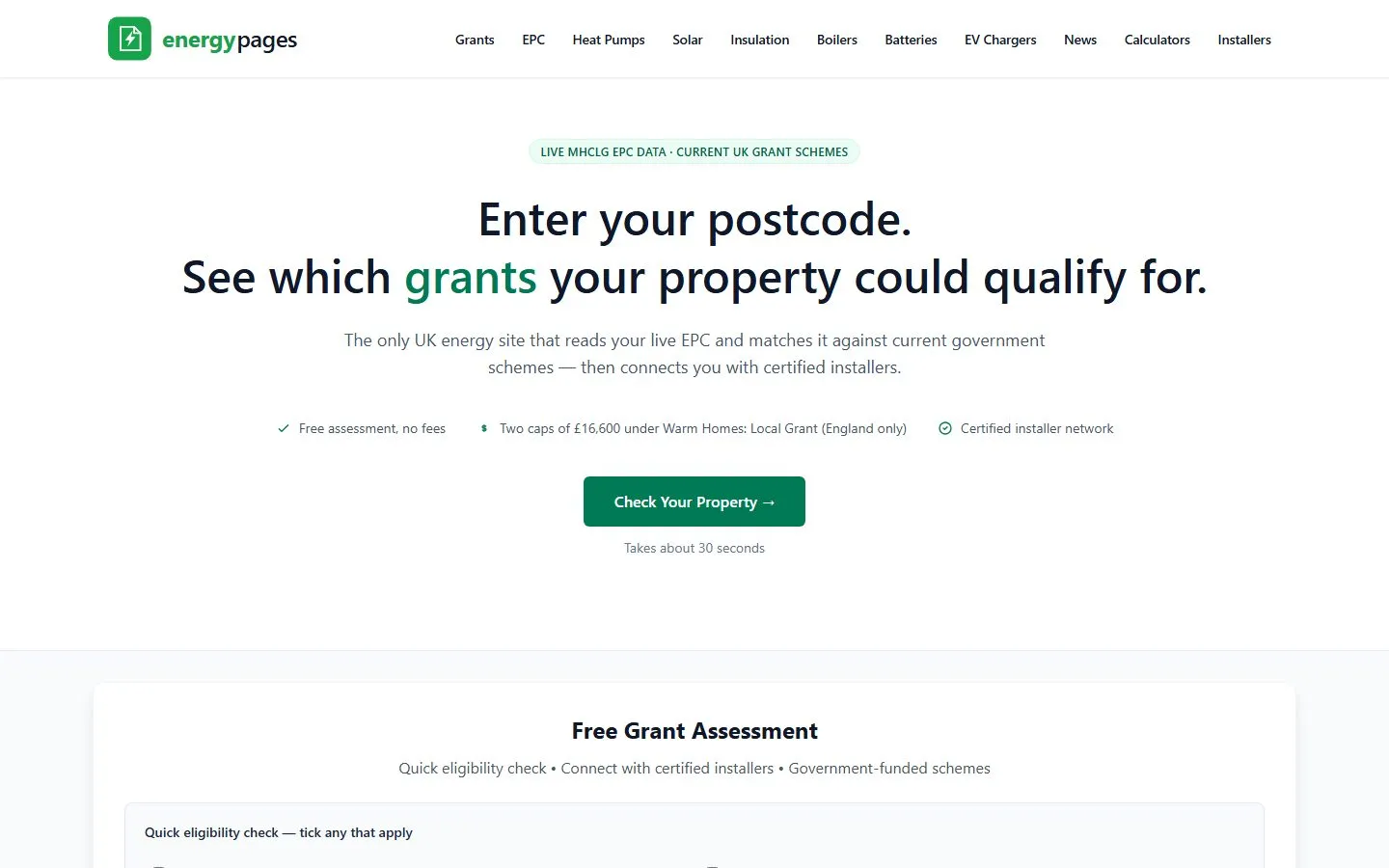 The Energy Pages homepage: enter your postcode and see which grants your property could qualify for