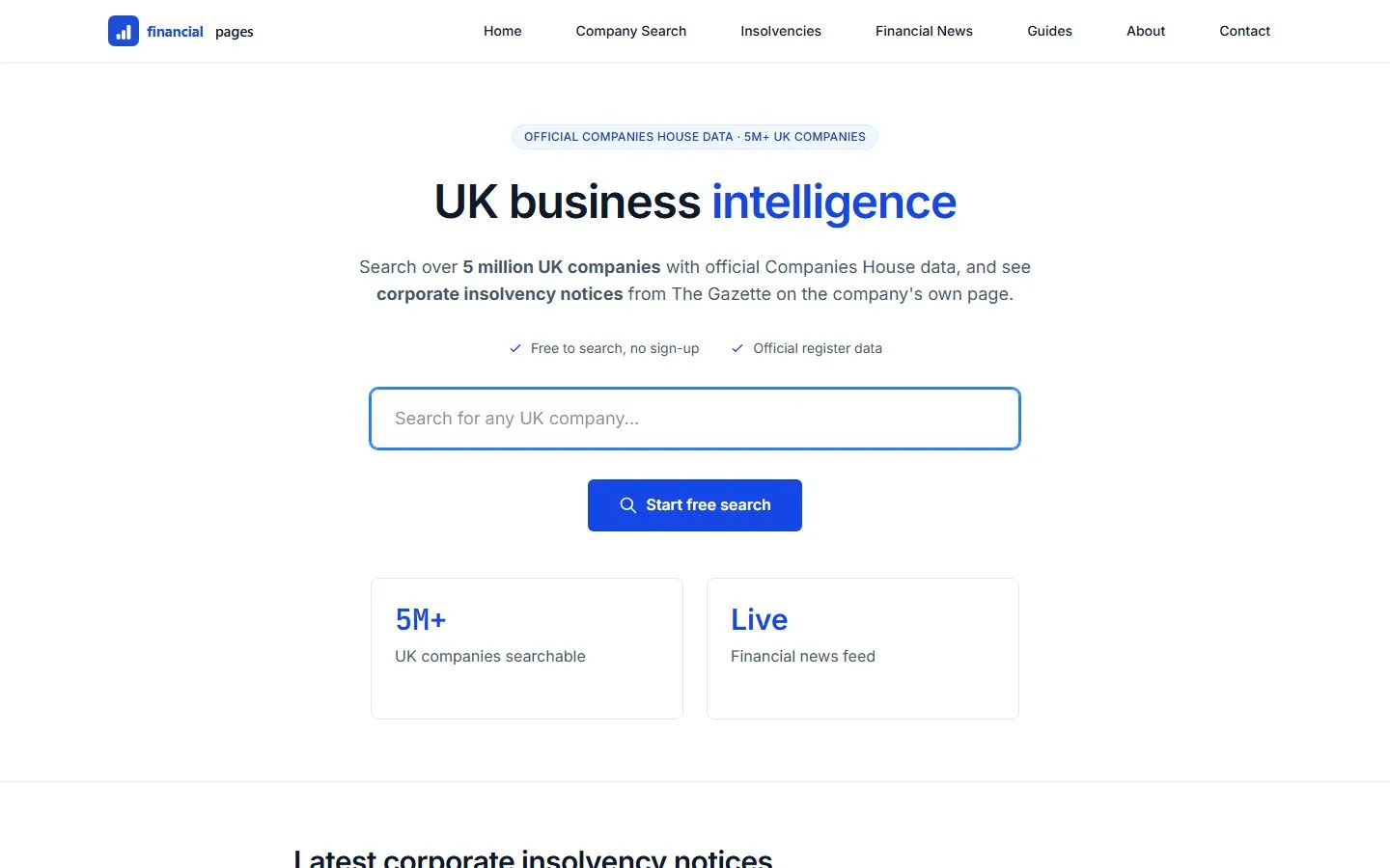 The Financial Pages homepage: UK business intelligence, a search box for any UK company