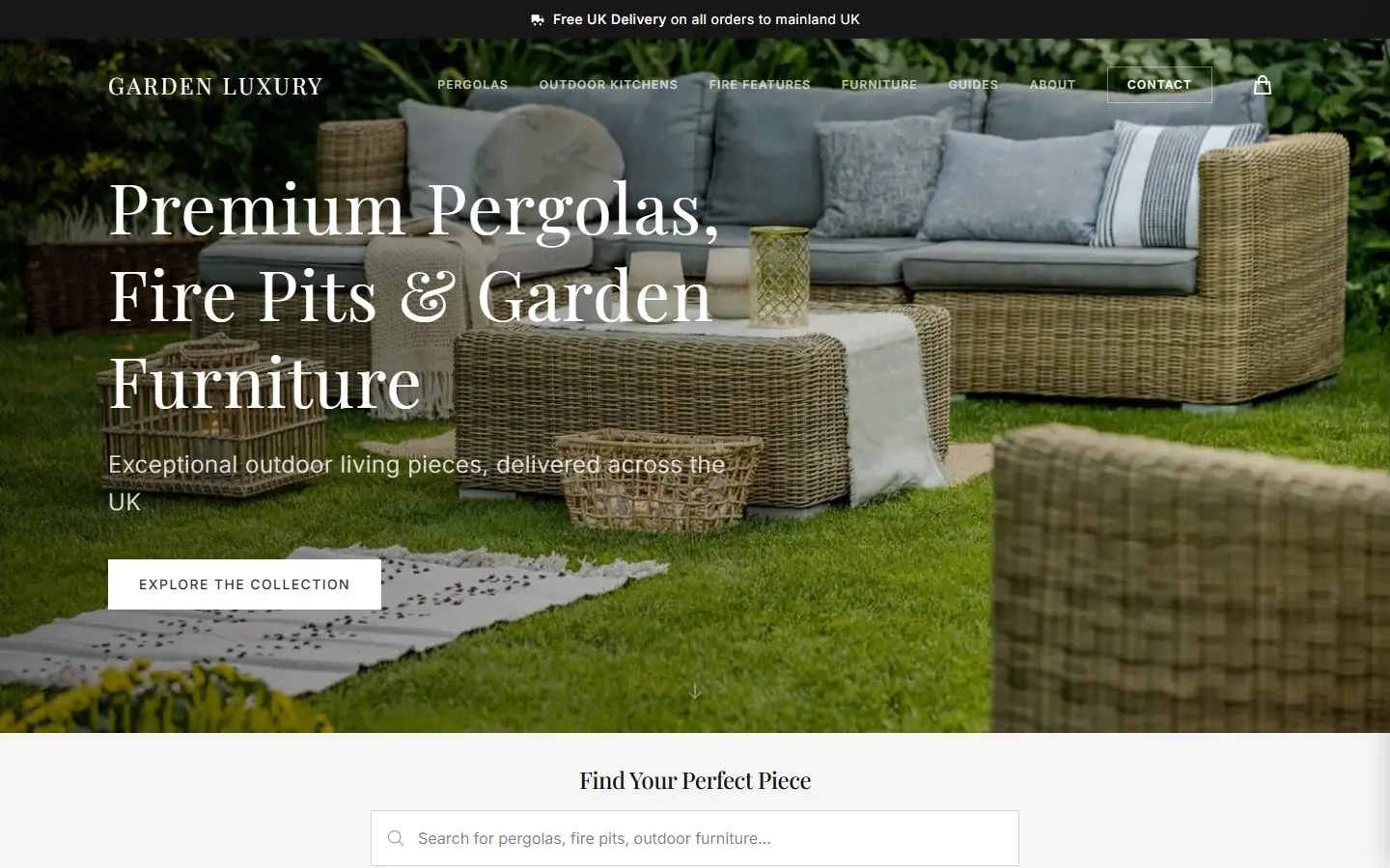 The Garden Luxury homepage: premium pergolas, fire pits and garden furniture