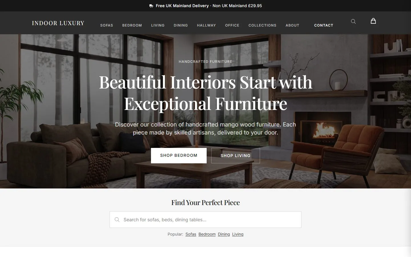 The Indoor Luxury homepage: beautiful interiors start with exceptional furniture