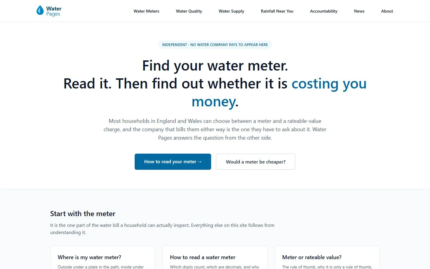 The Water Pages homepage: find your water meter, read it, then find out whether it is costing you money