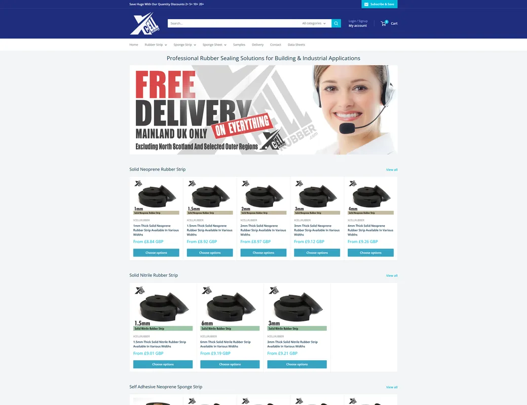 The XCell Rubber Shopify store, designed and built by us